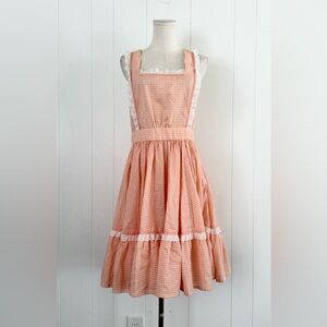 Vintage Peach Gingham Prairie Pinafore Dress & Vest Set Picnic 1970s Handmade